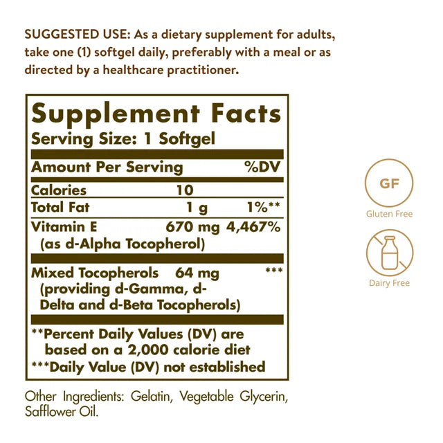 Vitamina E SOLGAR 670 mg (1000 UI)(100 cápsulas)