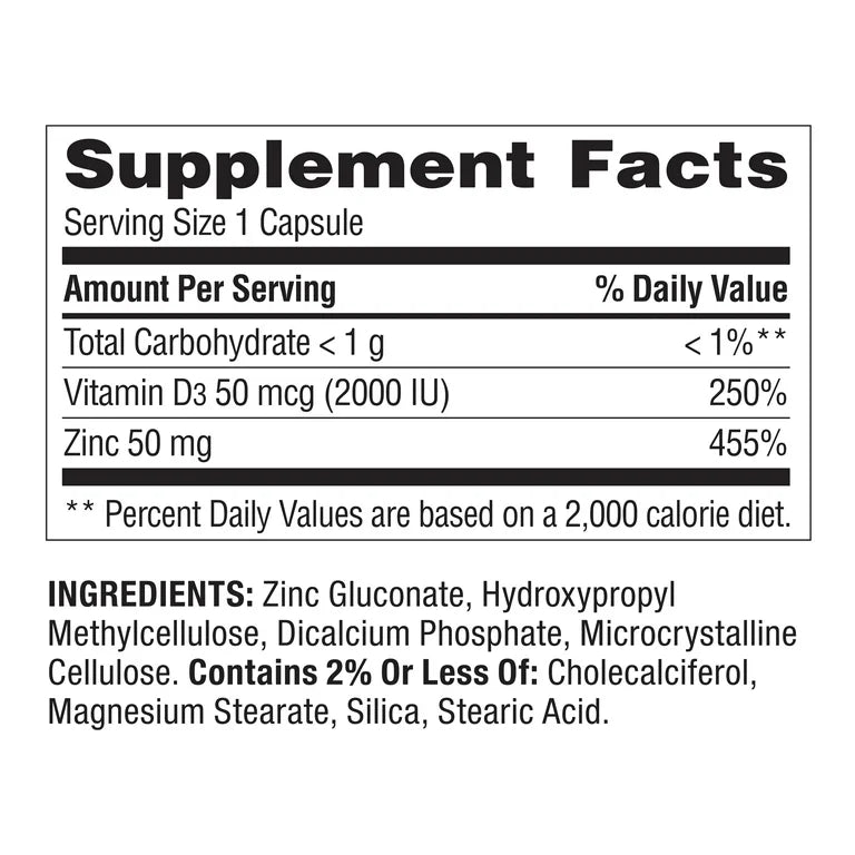 Zinc + Vitamina D3 Spring Valley 50mg (150 cápsulas)