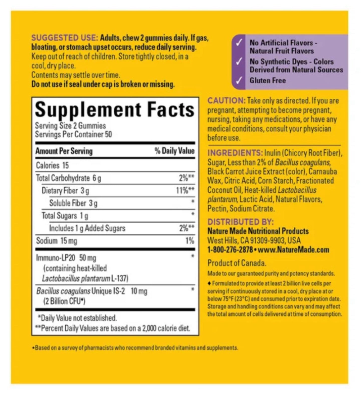 Triple Action Bioticos (Pre+ Pro + Post-biotics) Nature Made (100 gomitas)