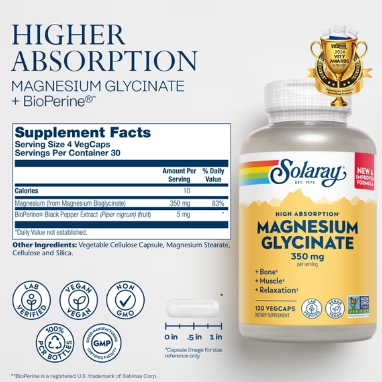 Glicinato de Magnesio Solaray 350mg (120 cápsulas)