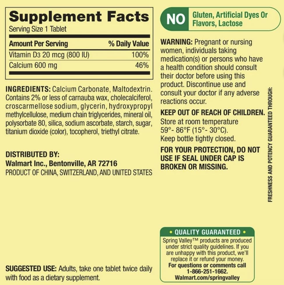 Calcio Spring Valley 600mg (250 tabletas)