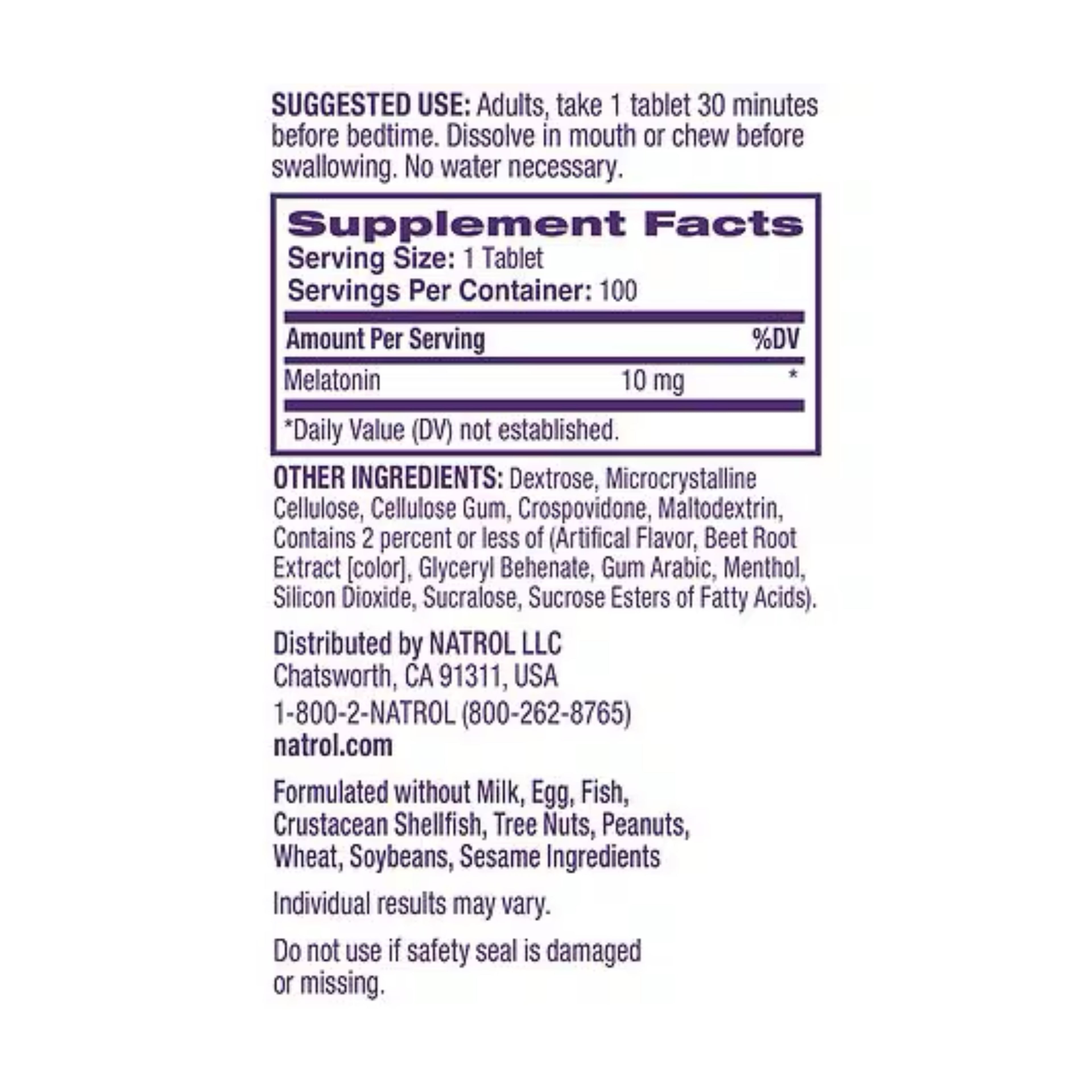 Melatonina NATROL 10mg (100 tabletas)