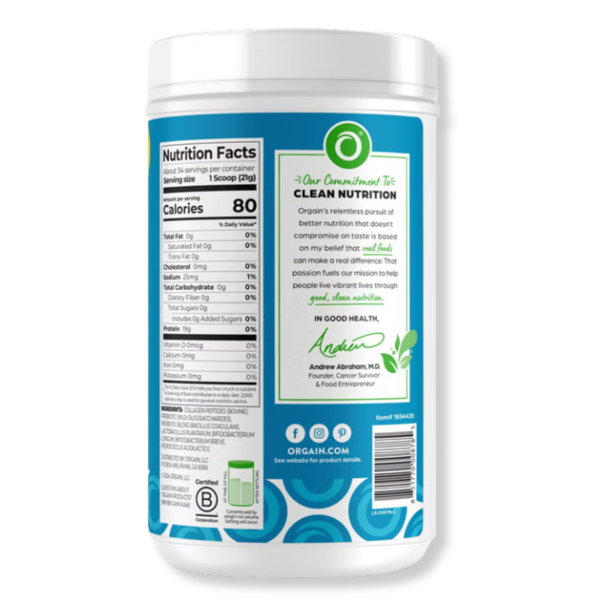 Colágeno Péptidos + Probióticos Orgain (726 gramos)