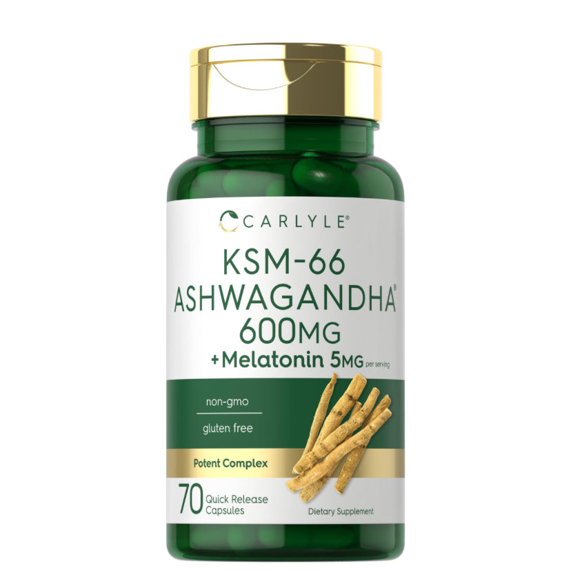 KSM-66 Ashwagandha 600mg + Melatonina 5mg Carlyle (70 cápsulas)