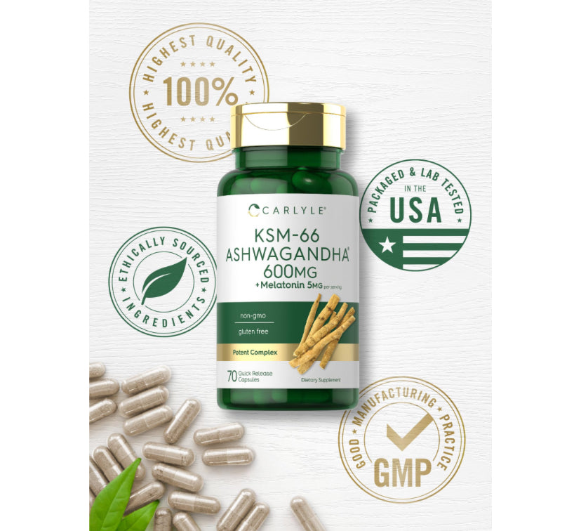 KSM-66 Ashwagandha 600mg + Melatonina 5mg Carlyle (70 cápsulas)