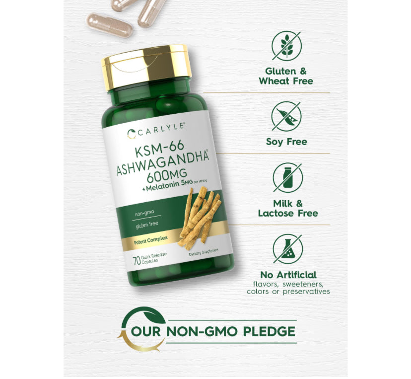 KSM-66 Ashwagandha 600mg + Melatonina 5mg Carlyle (70 cápsulas)