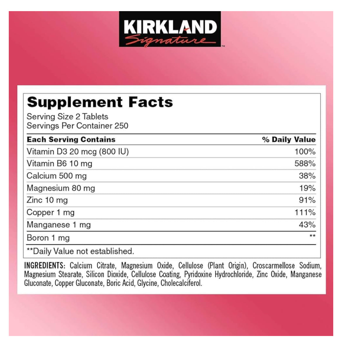 Calcio citrato, Magnesio y Zinc Kirkland (500 tabletas)