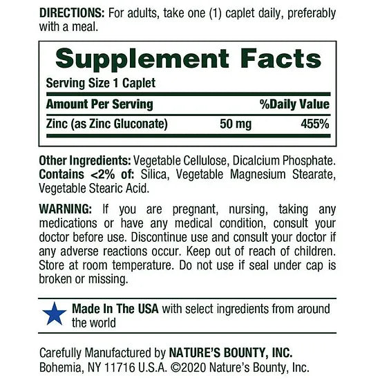 Zinc 50mg Nature's Bounty (400 Capletas)