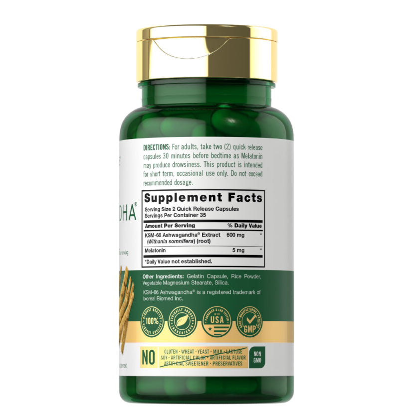 KSM-66 Ashwagandha 600mg + Melatonina 5mg Carlyle (70 cápsulas)
