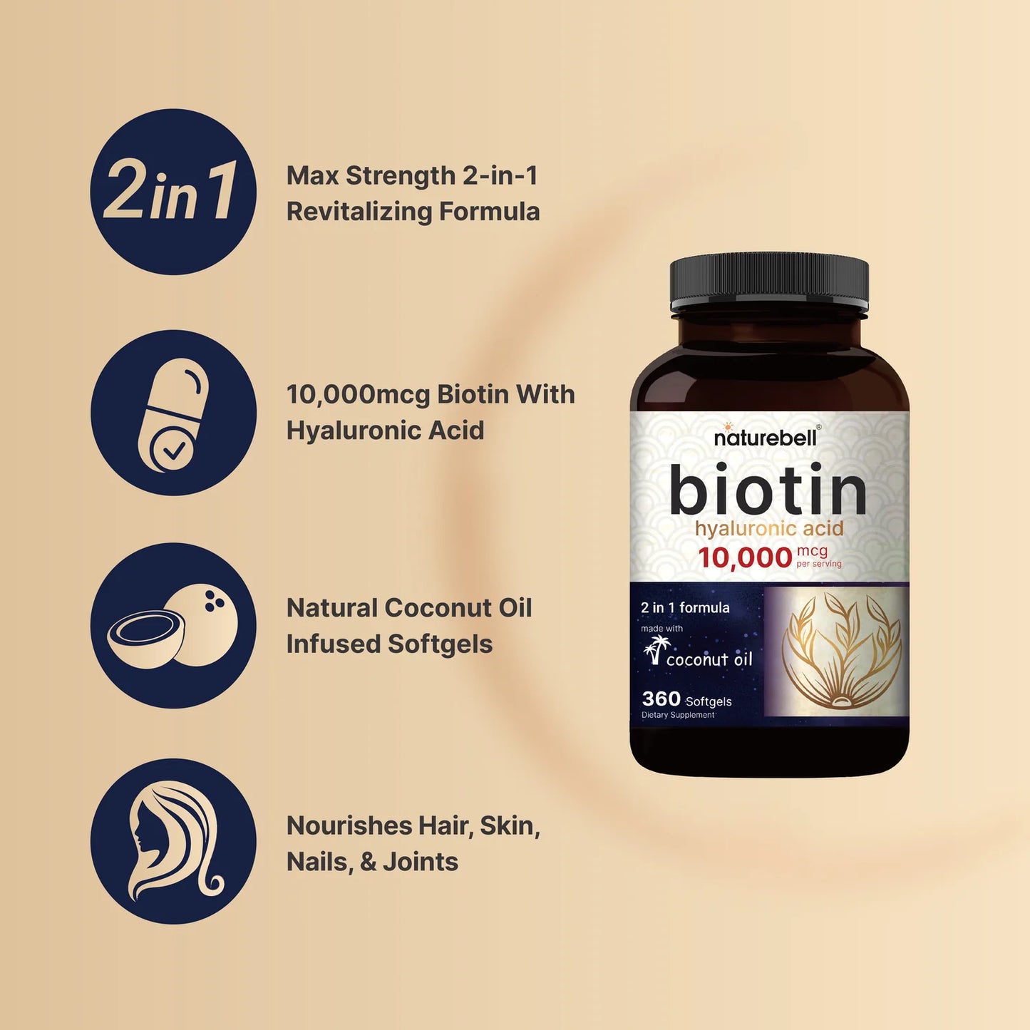Biotina + Ácido Hialuronico NatureBell 10.000mcg (360 softgels)