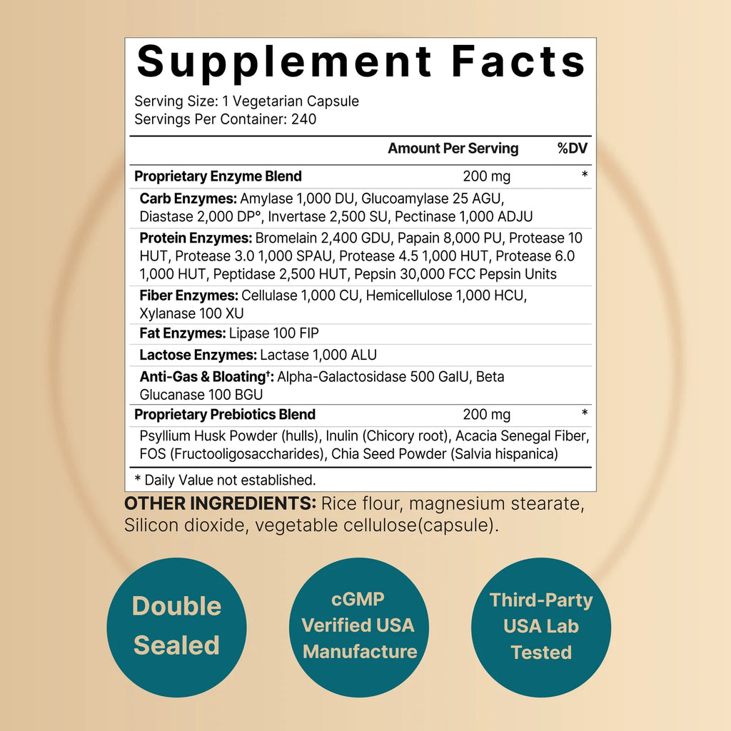 Enzimas Digestivas + Prebióticos NatureBell (240 cápsulas)