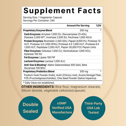 Enzimas Digestivas + Prebióticos NatureBell (240 cápsulas)