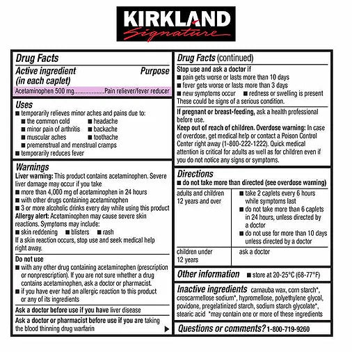 Acetaminofén Kirkland (500 capletas)