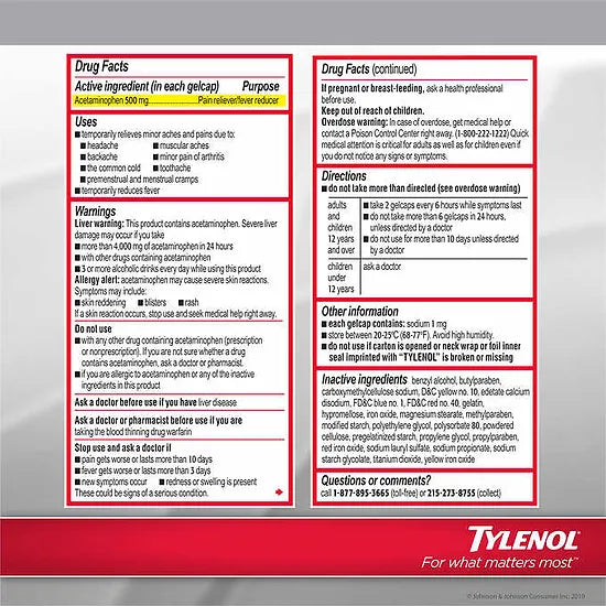 Tylenol Rapid Release 500mg (290 gelcaps)