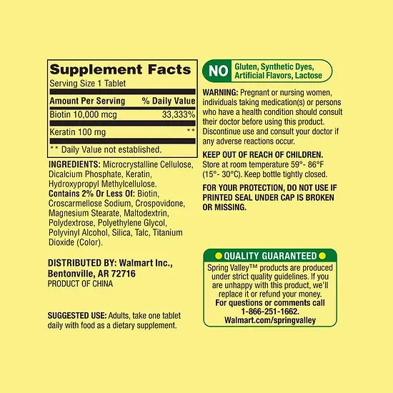 Biotina + Keratina Spring Valley 10.000mcg (60 tabletas)