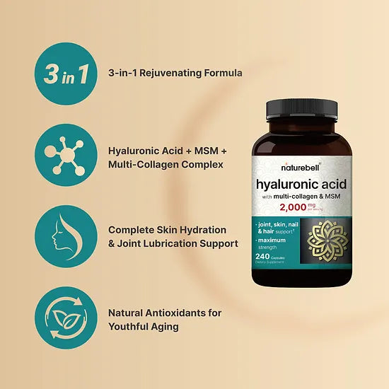 Ácido Hialuronico con Colágeno y MSM NatureBell 2.000mg (240 cápsulas)
