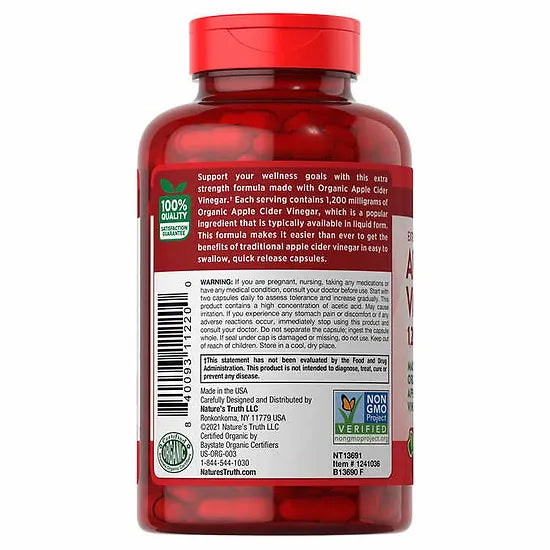 Vinagre de Sidra de Manzana Nature’s Truth 1.200mg (180 cápsulas)