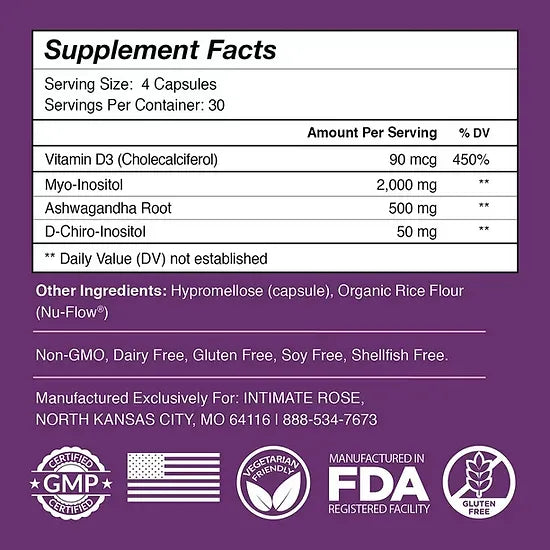 Myo and D-Chiro Inositol con Vitamina D3 y Ashwagandha Intimate Rose (120 caps)