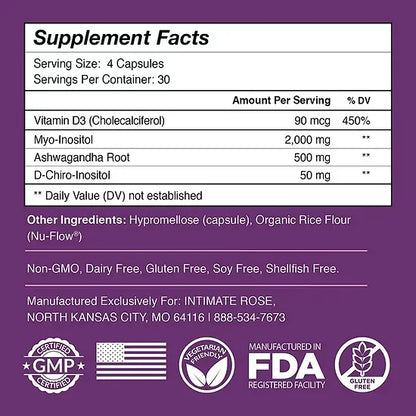 Myo and D-Chiro Inositol con Vitamina D3 y Ashwagandha Intimate Rose (120 caps)