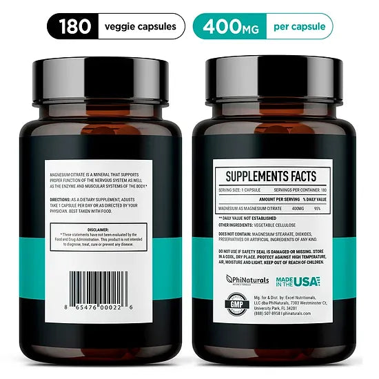 Citrato de Magnesio PhiNaturals 400mg (180 cápsulas)