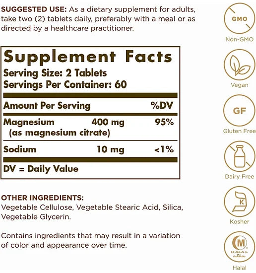Citrato de Magnesio SOLGAR 400mg (120 tabletas)