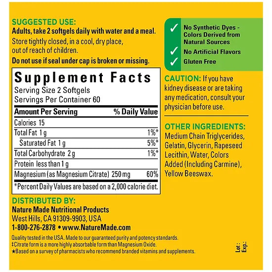 Citrato de Magnesio Nature Made 250mg (60 softgels)