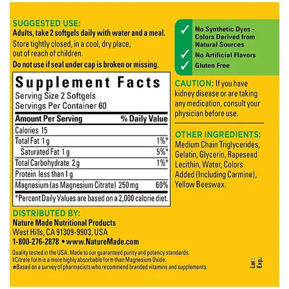 Citrato de Magnesio Nature Made 250mg (60 softgels)
