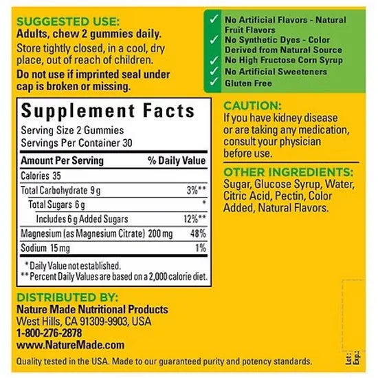 Citrato de Magnesio Nature Made 200mg (60 gomitas)